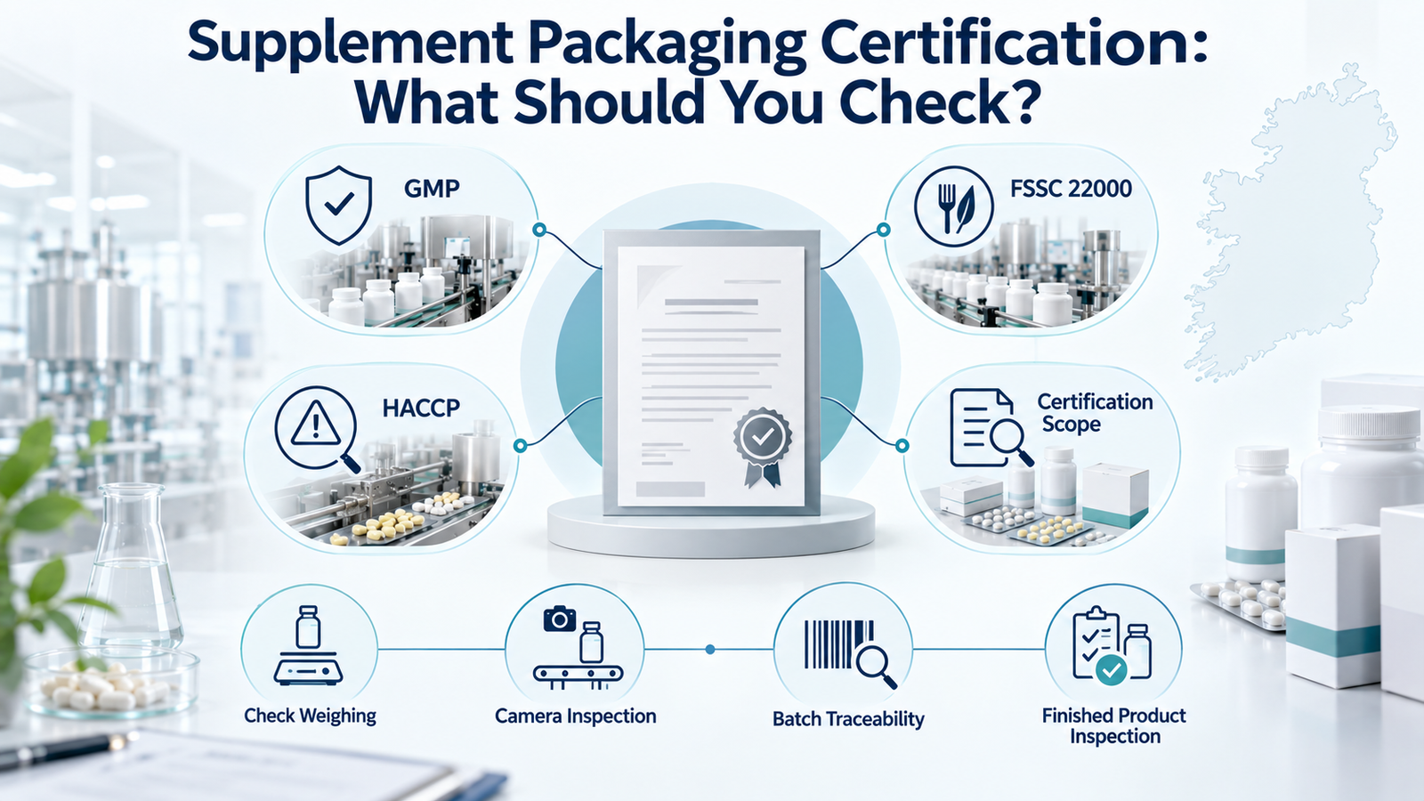Infographic on supplement packaging certifications, including GMP, HACCP, and FSSC 22000, and quality controls to check.