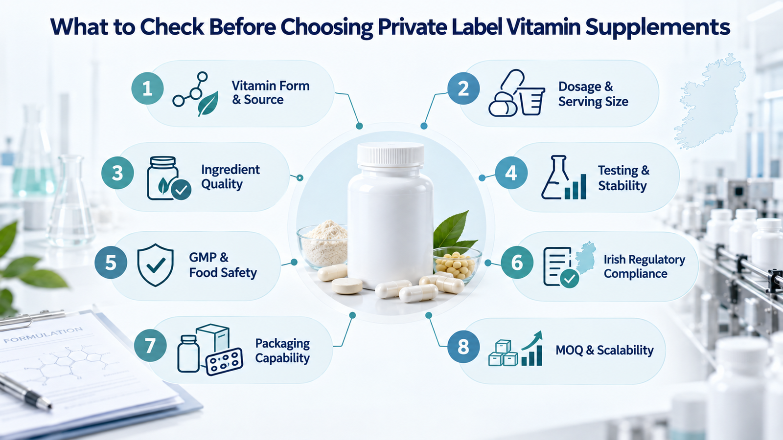 Infographic outlining 8 key factors to check before choosing private label vitamin supplements, from vitamin form to scalability.