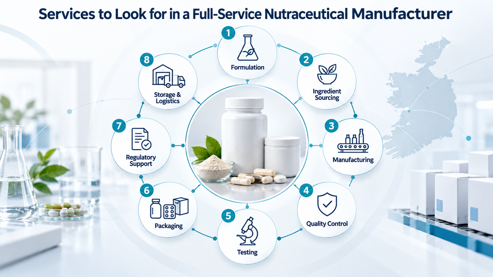 Infographic showing the 8 key services to look for in a nutraceutical manufacturer.