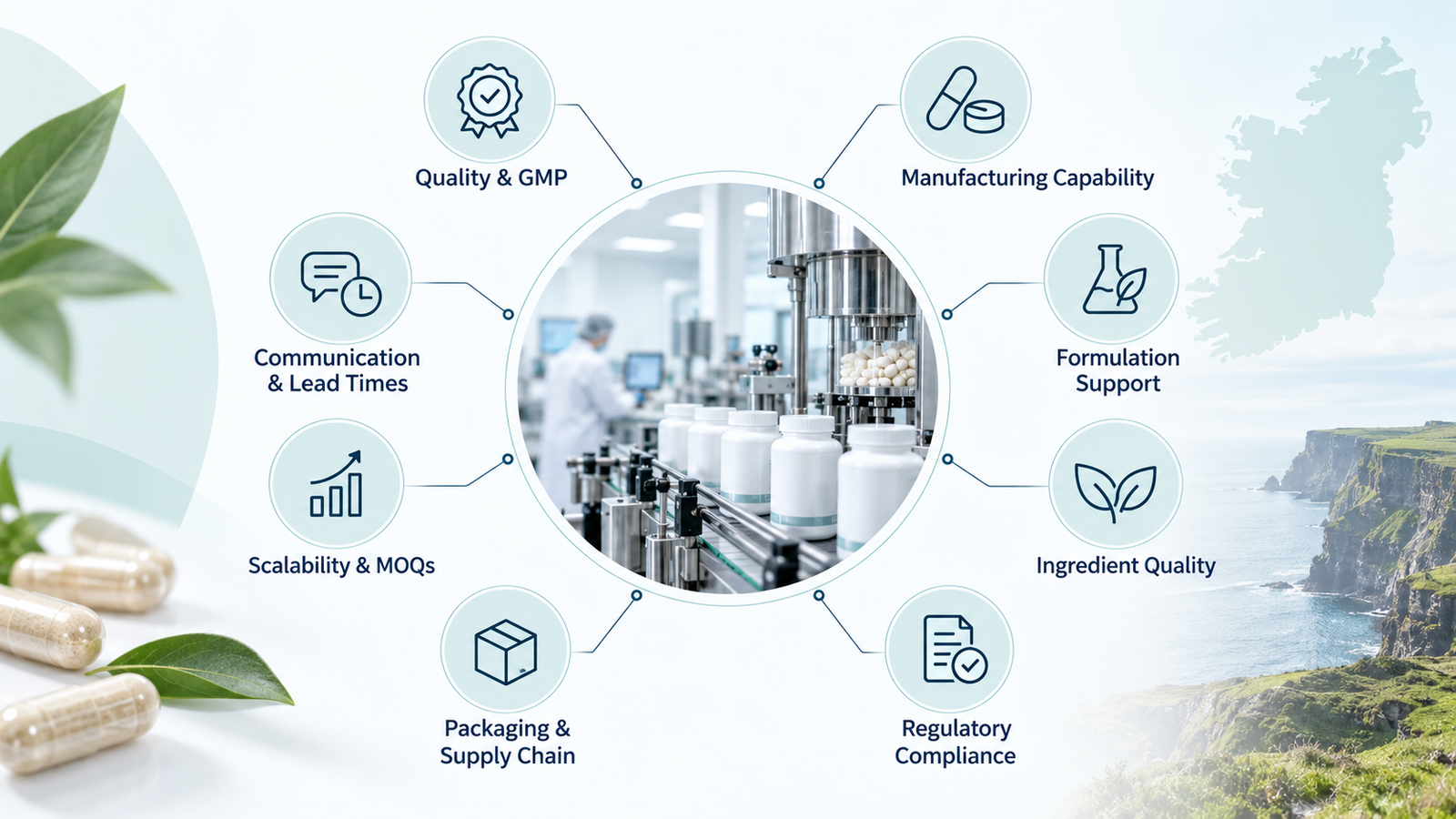 Eight key factors for choosing a supplement manufacturer in Ireland.